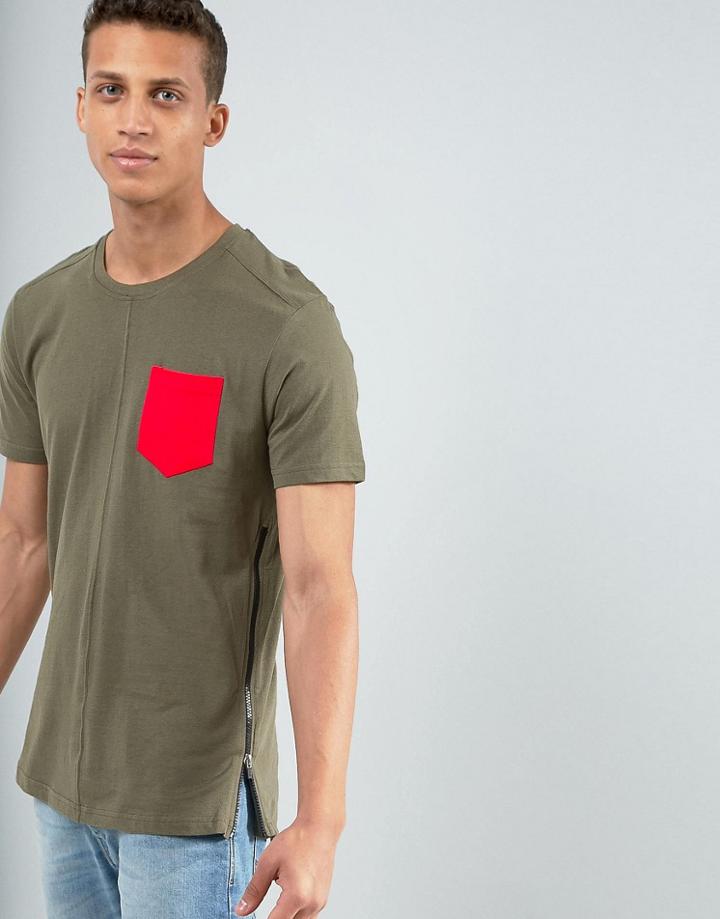Loyalty And Faith Longline Pocket T-shirt With Zip Detail - Green