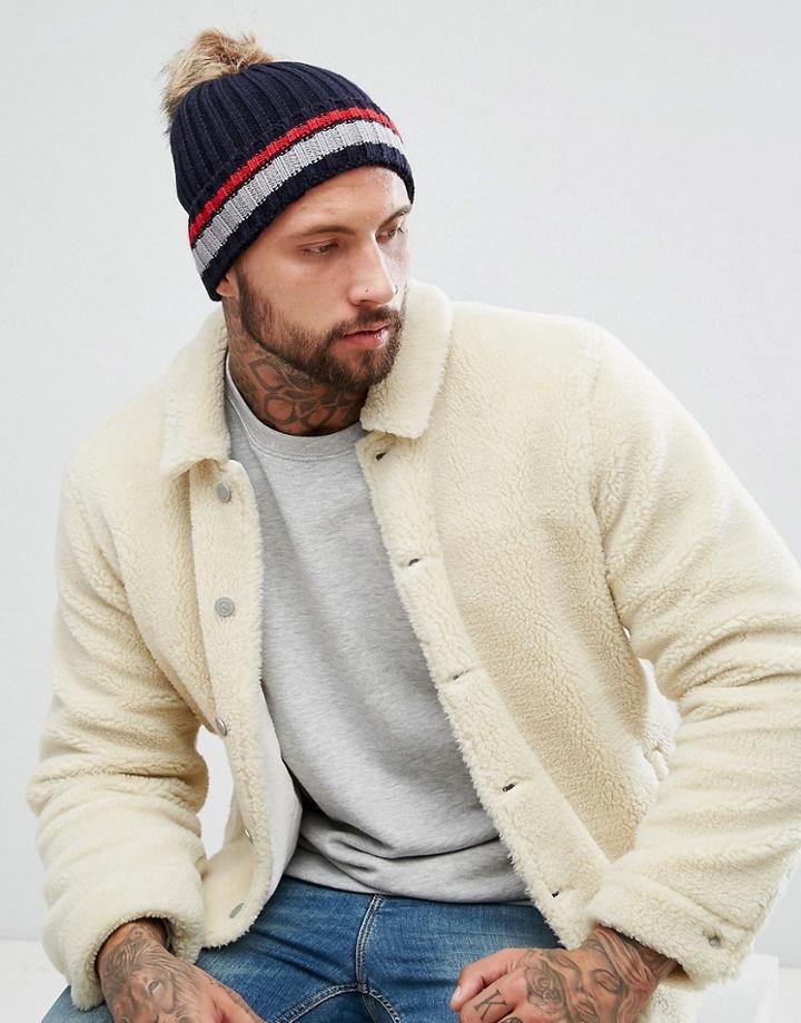 7x Beanie Hat With Faux Fur Pom Pom - Blue