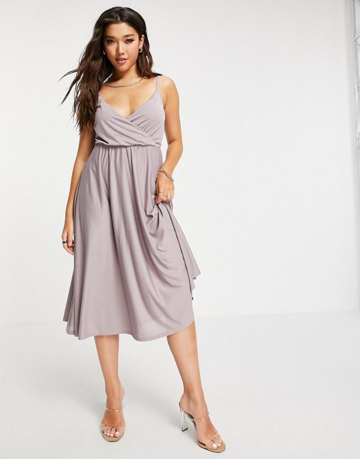 Asos Design Cami Plunge Tie Back Midi Dress In Elderberry-multi
