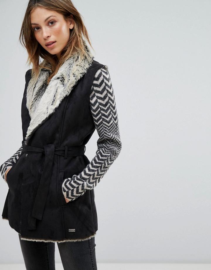Bellfield Garda Wool Blend Faux Fur Lined Suedette Vest - Black