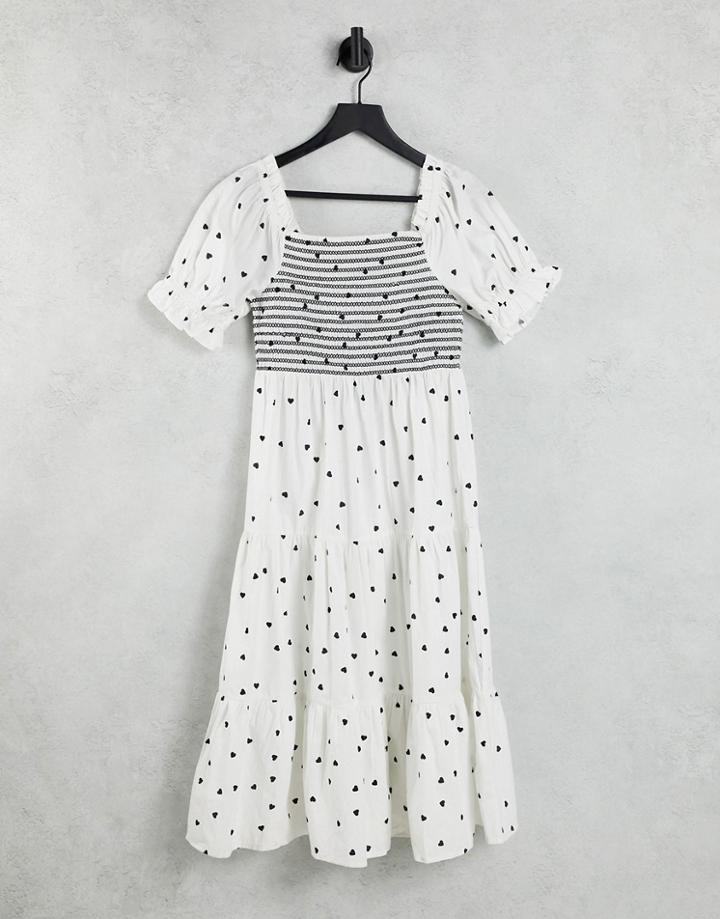 Influence Ruched Front Tiered Midi Dress In White Polka Dot