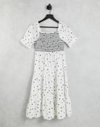 Influence Ruched Front Tiered Midi Dress In White Polka Dot