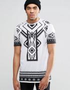Asos Longline T-shirt With Monochrome Geo-tribal And Number Back Print In White - White