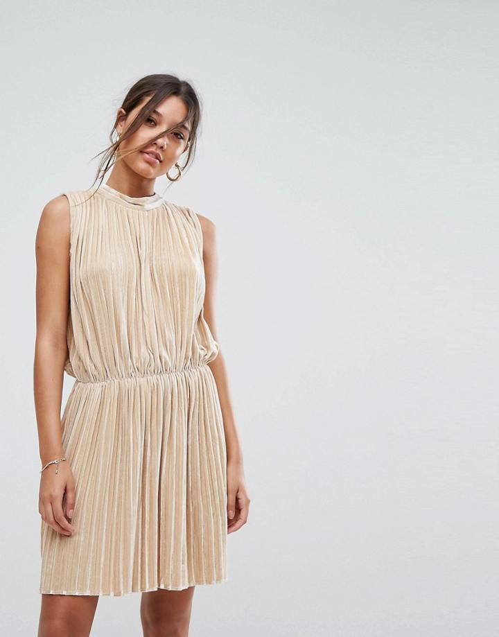 Aeryne Sleeveless Velvet Pleated Dress - Gold
