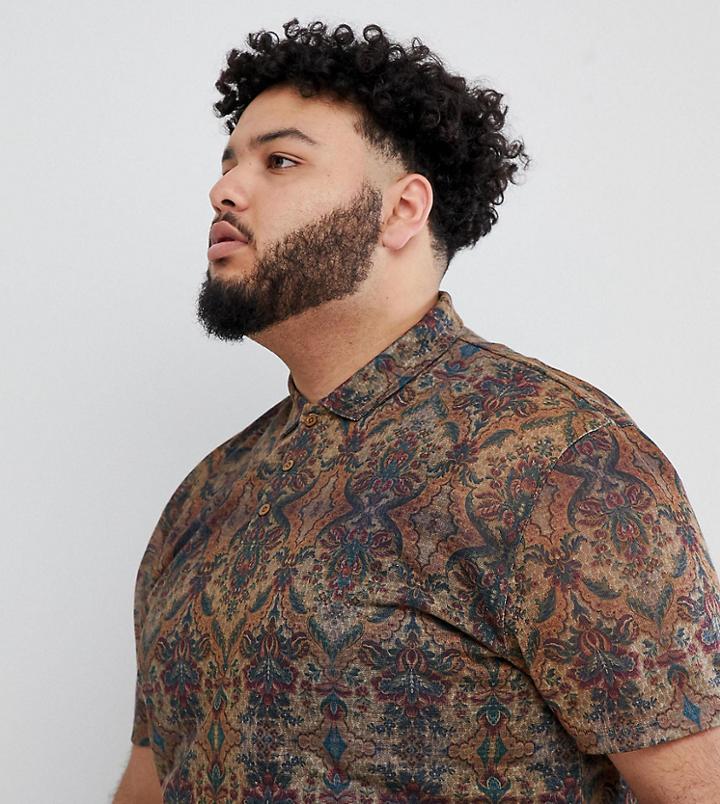 Asos Design Plus Relaxed Polo With All Over Tapestry Print In Linen Look - Multi