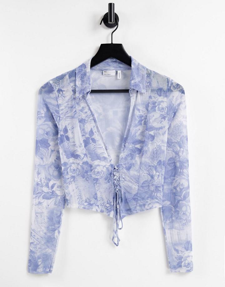 Asos Design Mesh Shirt With Lace Up In Renaissance Print-blues