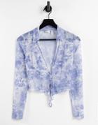 Asos Design Mesh Shirt With Lace Up In Renaissance Print-blues