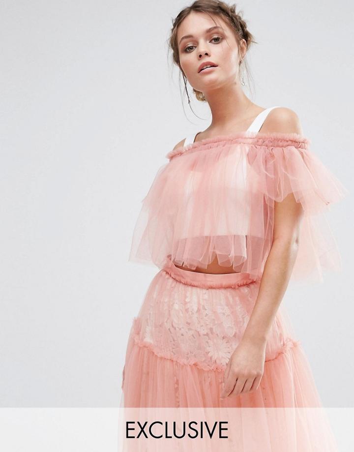True Decadence Bardot Tulle Crop Top - Pink
