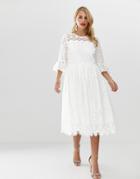 Asos Design Broderie Smock Midi Dress With Fluted Sleeves-white