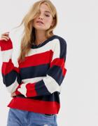 Brave Soul Grunge Round Neck Stripe Sweater - Navy