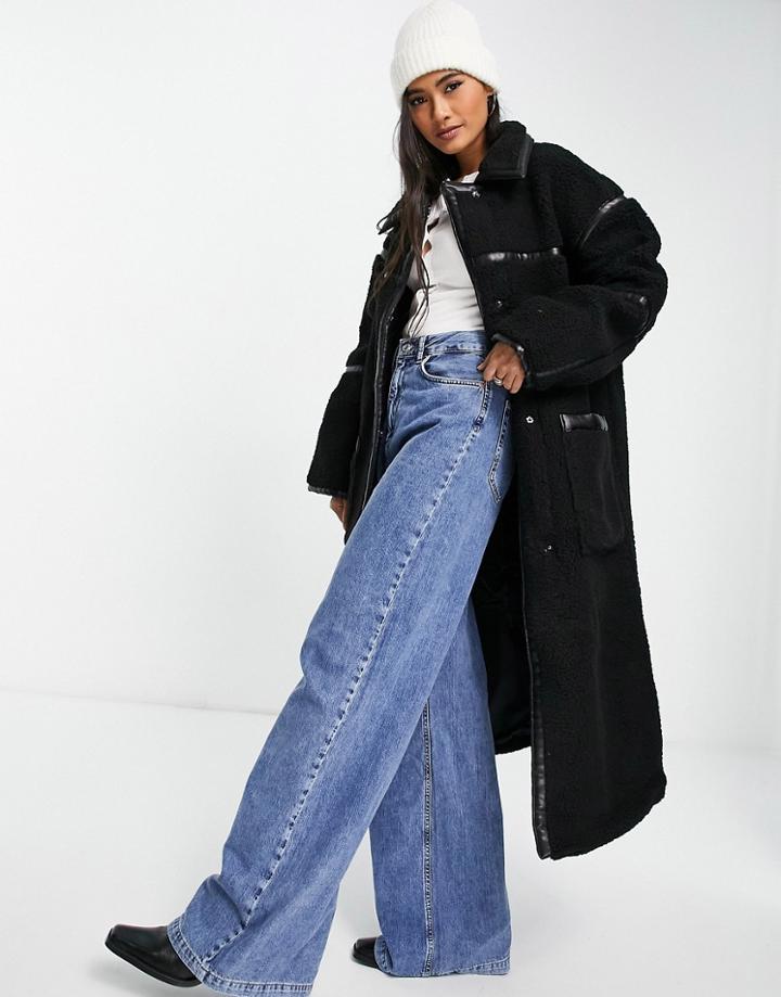 Asos Design Patent Binding Borg Maxi Coat In Black