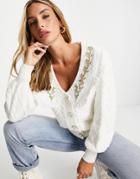 River Island Embroidered Poplin Collar Cardigan In Cream-white