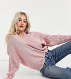 Asos Design Petite Sweater With V-neck And Ribbed Sleeves In Pink