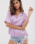 Asos Design Short Sleeve Relaxed Satin Shirt-purple