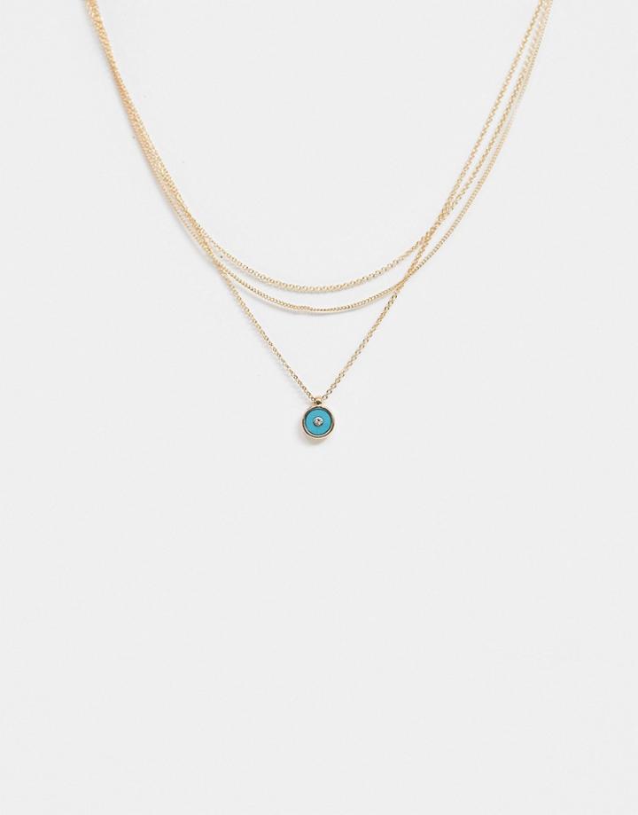 Asos Design Multirow Necklace With Fine Chain And Turquoise Enamel Pendant In Gold Tone