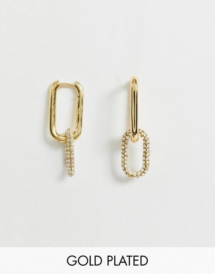 Asos Design Premium Gold Plated Earrings In Oval Link Drop With Swarovski Crystals - Gold