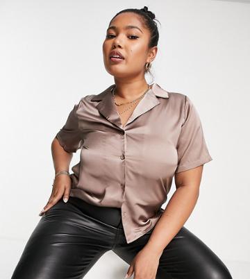 Glamorous Curve Relaxed Crop Shirt In Mink Satin-purple