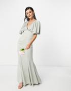 Asos Design Bridesmaid Drape Back Satin Maxi Dress With Button Back Detail-green