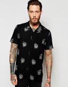 Asos Monochrome Floral Shirt With Revere Collar In Regular Fit - Black