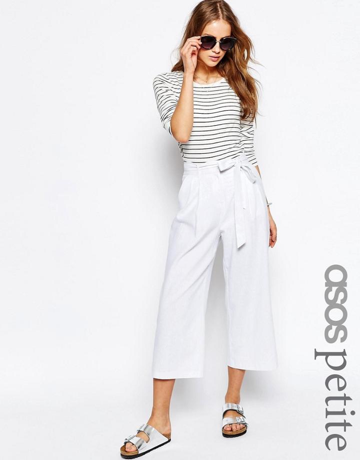 Asos Petite Linen Culotte With Tie Waist - White