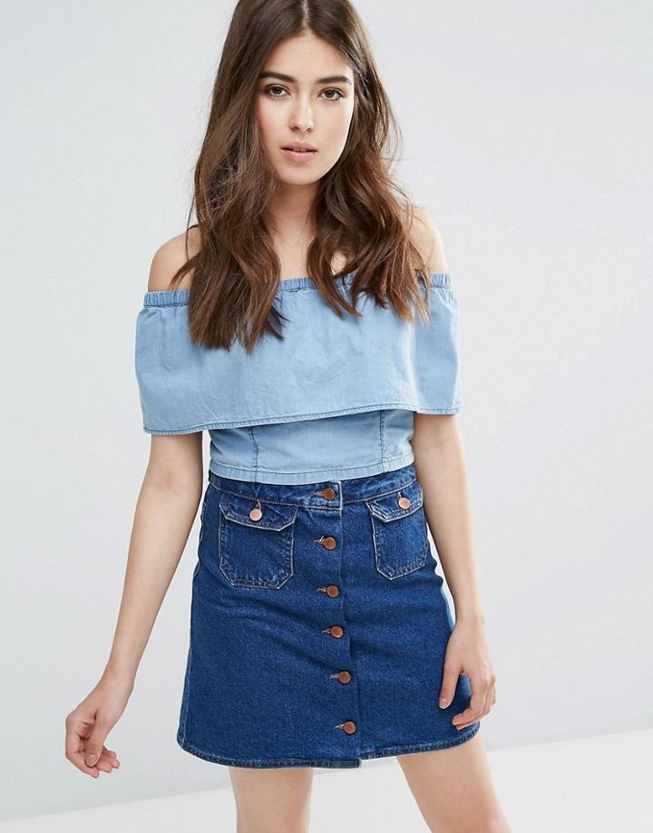 Parisian Off Shoulder Denim Crop Top - Blue