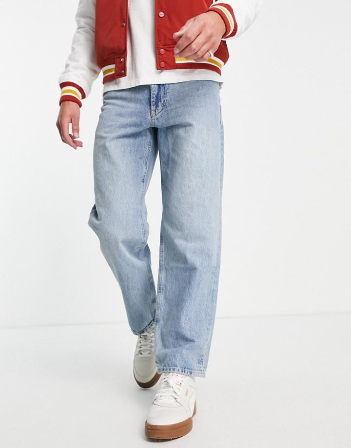 Pull & Bear Wide Straight Leg Jeans In Light Blue-blues