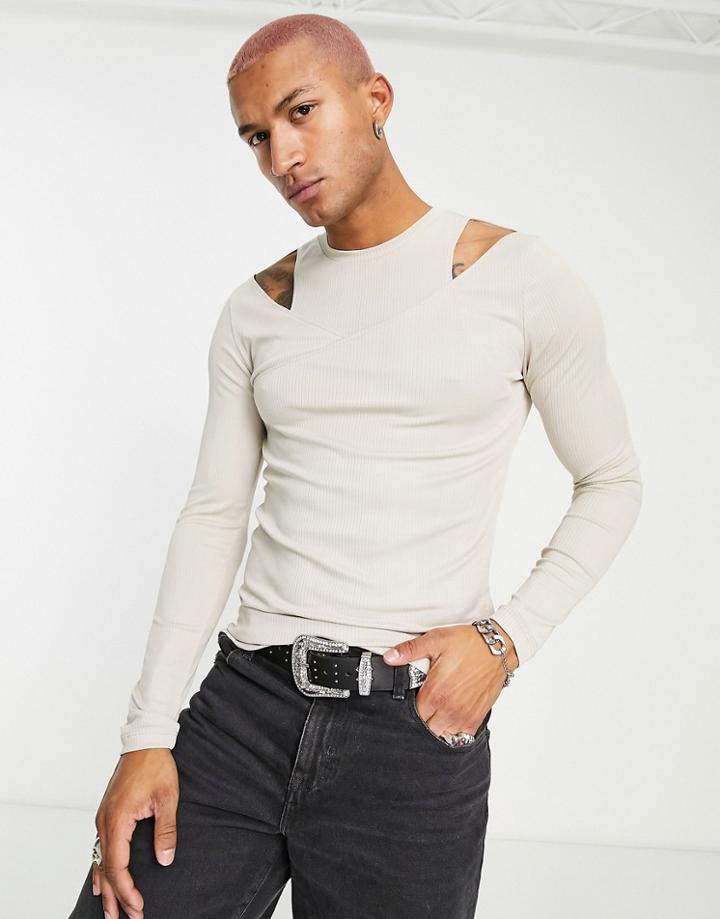 Asos Design Long Sleeve Rib Muscle T-shirt With Double Layer In Beige-neutral