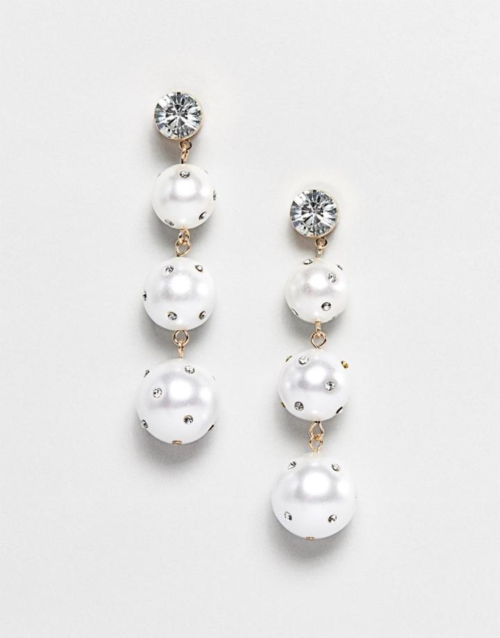 Asos Design Drop Earrings With Crystal Studded Pearls In Gold - Gold