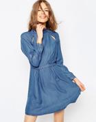Asos Denim Dress With Pie Crust Collar And Cutout In Mid Wash Blue - Midwash Blue