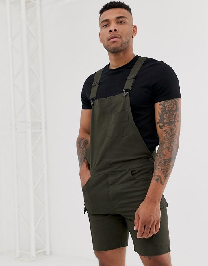Asos Design Skinny Cargo Short Overalls In Dark Khaki - Green
