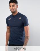 Asos Tall Polo Shirt With Bird Embroidery - Navy