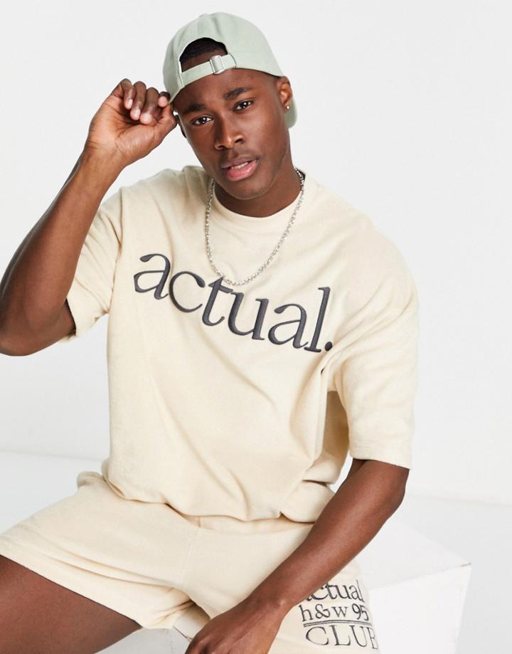 Asos Actual Oversized T-shirt In Terry With Health And Well-being Club Logo In Cream - Part Of A Set-white