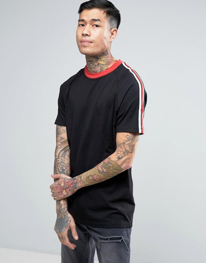 Asos Longline T-shirt With Sleeve Taping - Black