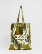 Asos Design Branded Organic Cotton Tote Bag In Camo Print - Multi