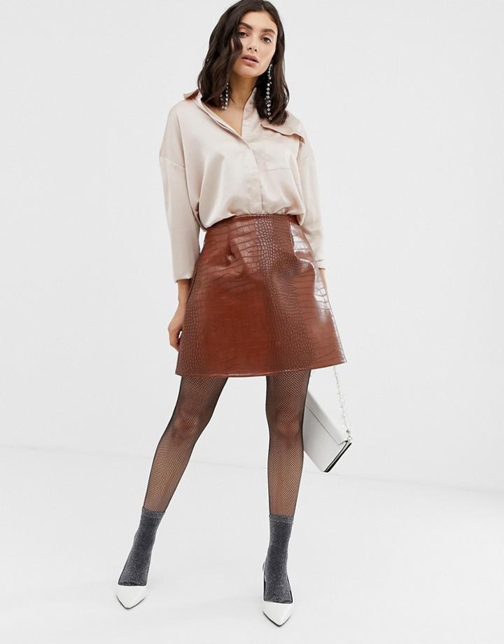 Unique21 Faux Leather A Line Skirt-tan