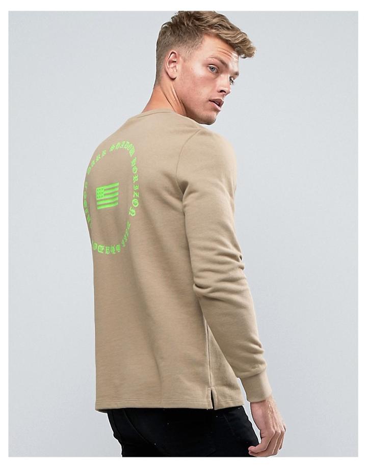 Asos Sweatshirt With Fluro Green Flag Print - Beige