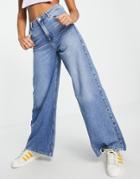 New Look Extreme Wide Leg Dad Jean In Mid Blue-blues