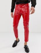 Asos Design Cropped Skinny Jeans In Red Vinyl - Red