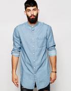 Asos Denim Shirt In Super Longline With Mid Wash And Grandad Collar - Mid Wash
