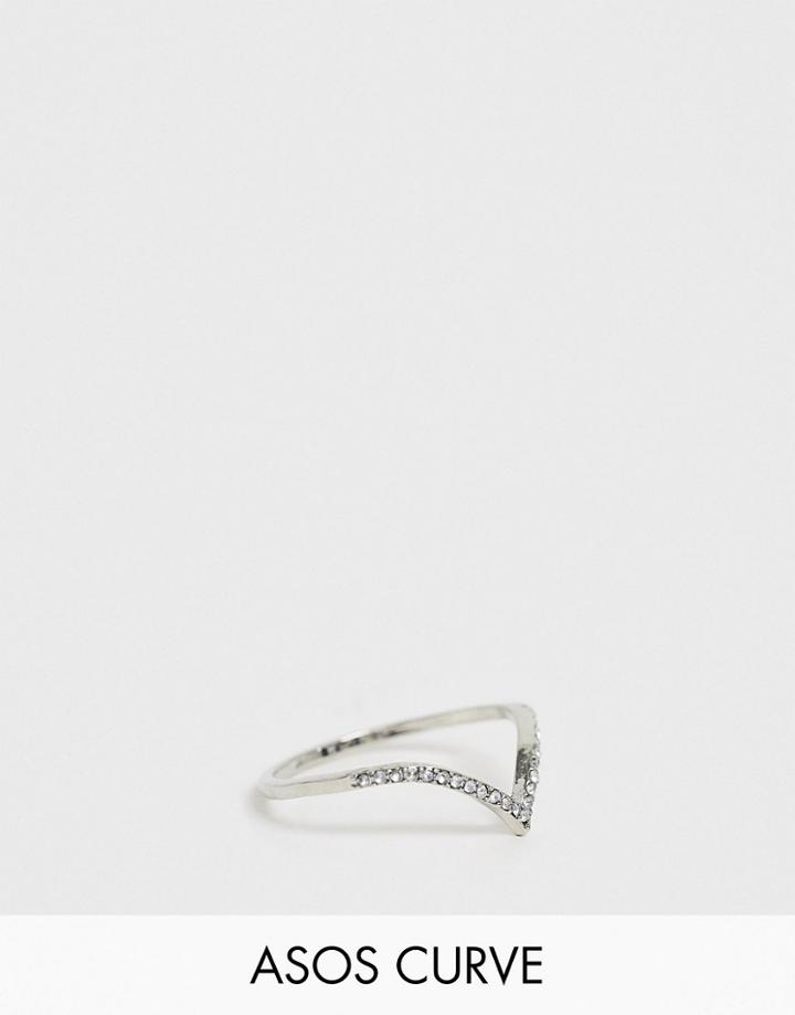 Asos Design Curve Thumb Ring In V Shape With Crystal In Silver Tone