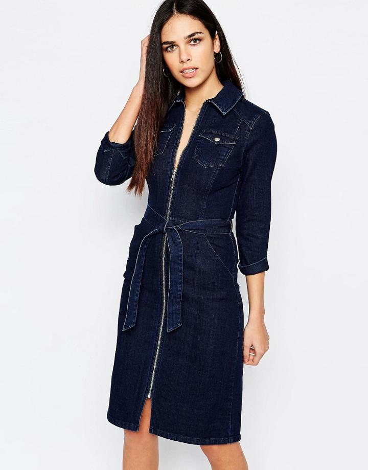 Warehouse Zip Through Belted Dress - Dark Wash