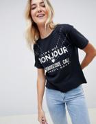 Miss Selfridge Bonjour Slogan T-shirt In Black - Black