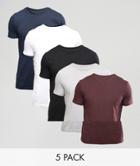 Asos Design 5 Pack T-shirt With Crew Neck Save - Multi