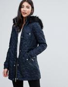 Lipsy Quilted Parka With Faux Fur Hood - Blue