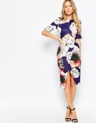 Asos Textured Wiggle Dress With Wrap Skirt In Watercolour Print - Multi