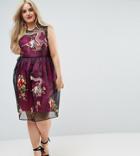 Asos Curve Premium Embroidered Mesh Midi Skater Dress With Contrast Lining-multi