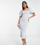 Collective The Label Puff Sleeve Shirred Frill Midi Dress In Blue Floral