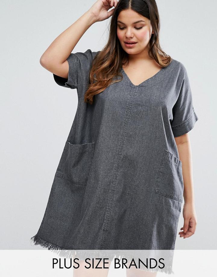 Alice & You Denim Shift Dress With Frayed Hem - Gray