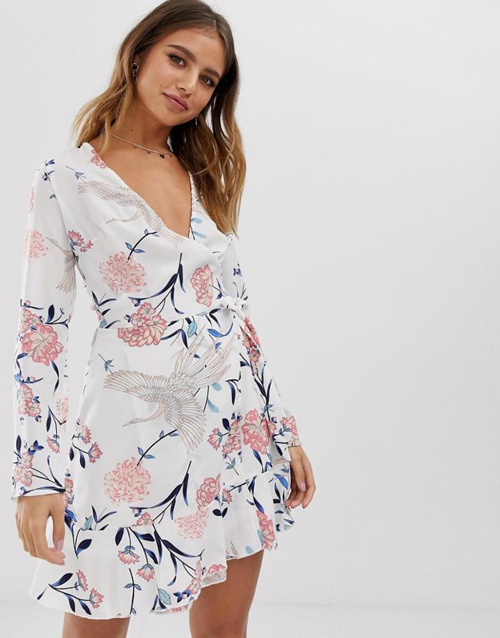 Parisian Wrap Dress With Tie Waist In White Floral - White