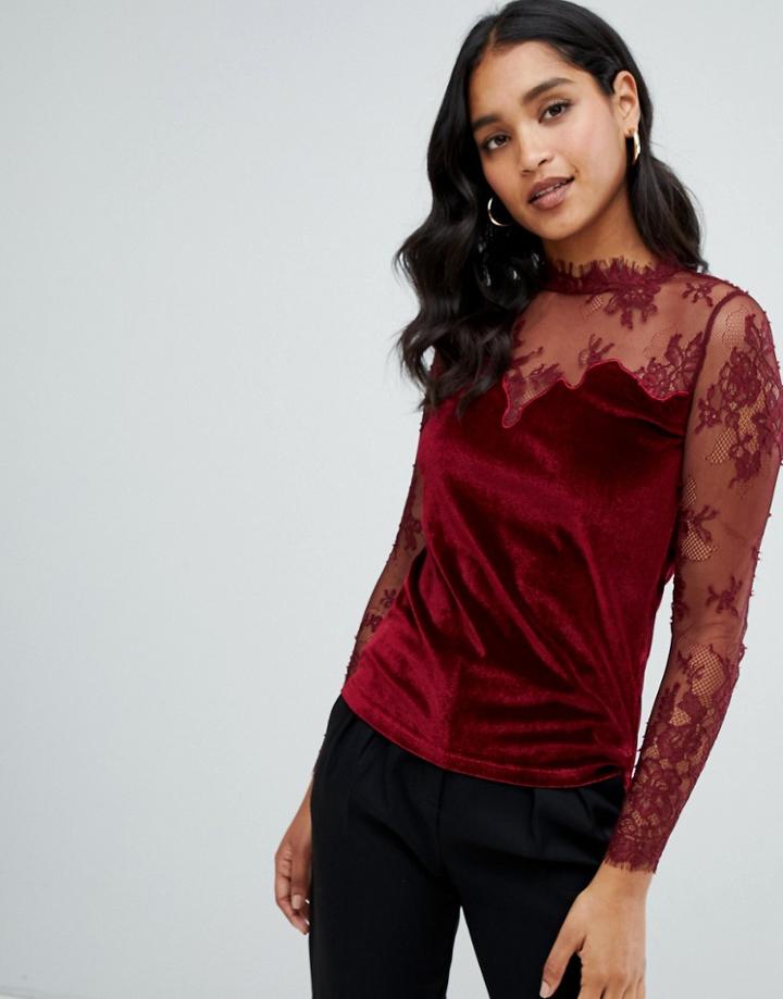 Morgan Velvet Top With Lace Sleeves In Berry-red